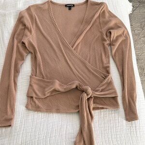 Express Ribbed Wrap Tie Long Sleeve Top - Camel